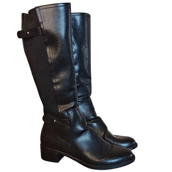 Born Boots Womens Size 8.5 Black Leather Knee High Harness Side Zip Moto D08803 - Picture 1 of 16